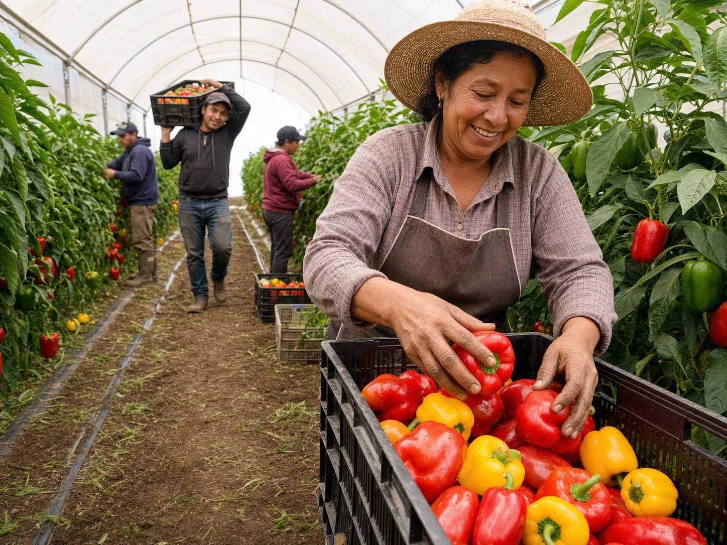 Cosechadores recolectando pimientos en invernadero