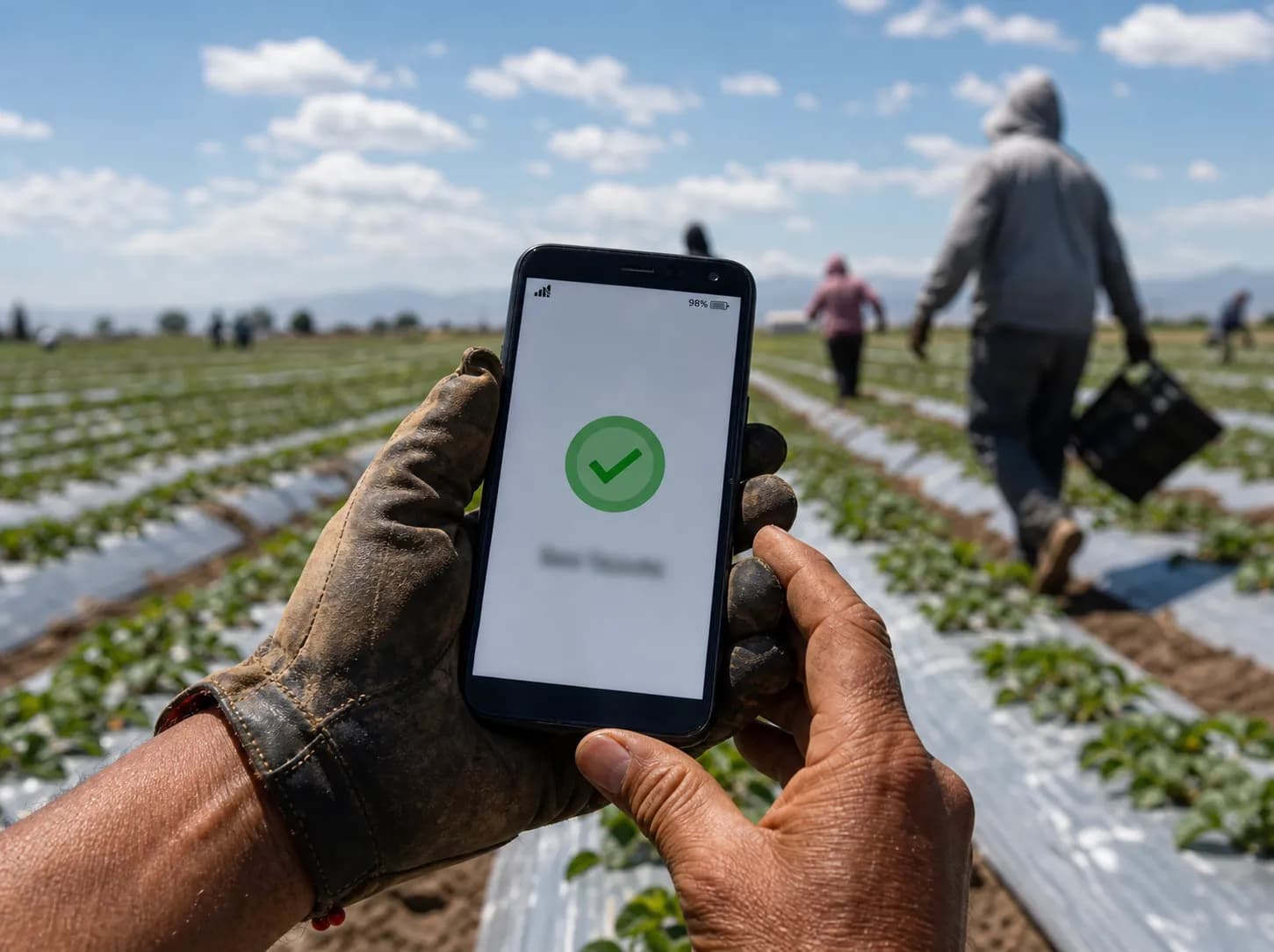 Trabajador con guantes usando la app iAgro en el campo